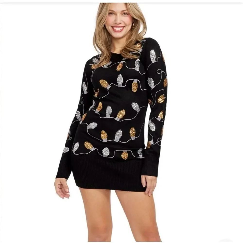 Tipsy Elves Black Gold & Silver Light Strand Mini Sweater Dress Christmas sz M N